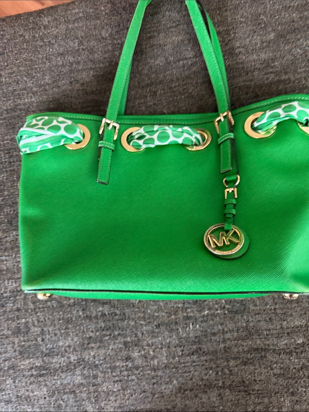 Michael Kors Jet Set Green Saffiano Leather Tote Bag w/ Polka Dot Scarf Accent